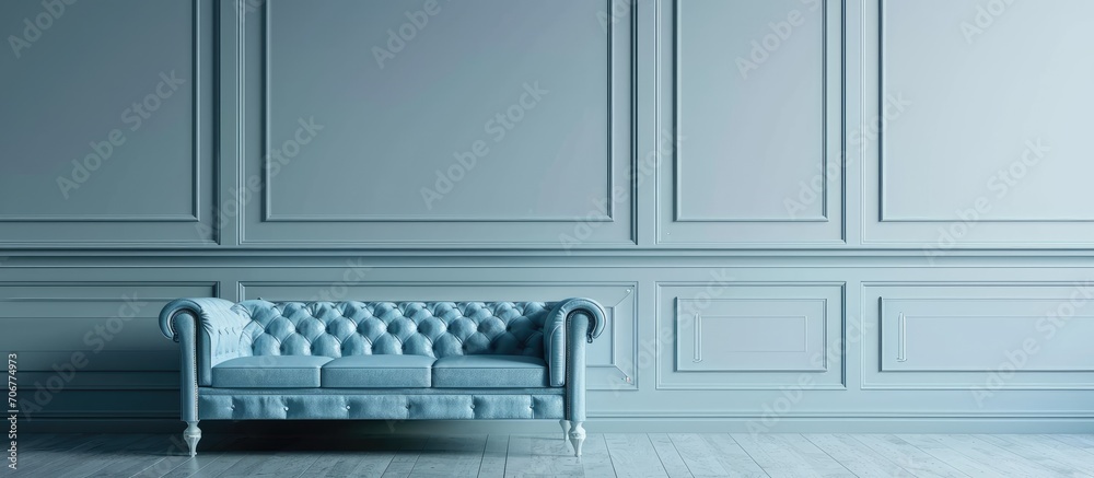 Poster spacious living room with upholstered blue sofa and armchair. with copy space image. place for addin