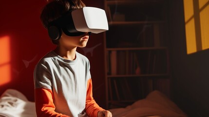 Asian Little boy with VR glasses studying smulation sciences at home,curious student wears a virtual reality headset to study science home online study futuristic lifestyle learning - obrazy, fototapety, plakaty