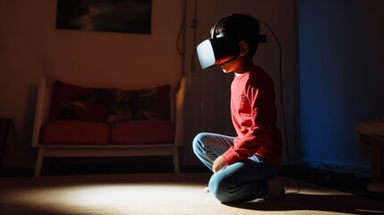 Asian Little boy with VR glasses studying smulation sciences at home,curious student wears a virtual reality headset to study science home online study futuristic lifestyle learning
