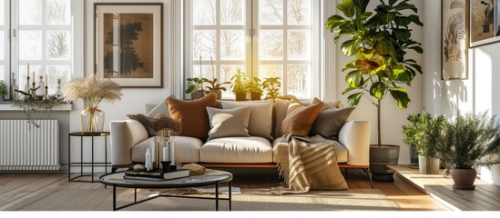 Fototapeta premium Pillows frames candles and plants decorating modern scandinavian living room. with copy space image. Place for adding text or design
