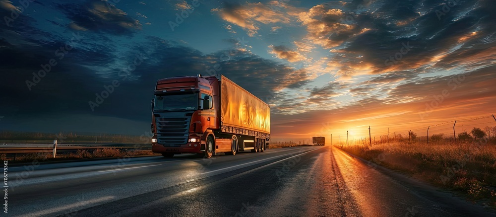 Poster truck transport on the road at sunset and cargo. with copy space image. place for adding text or des