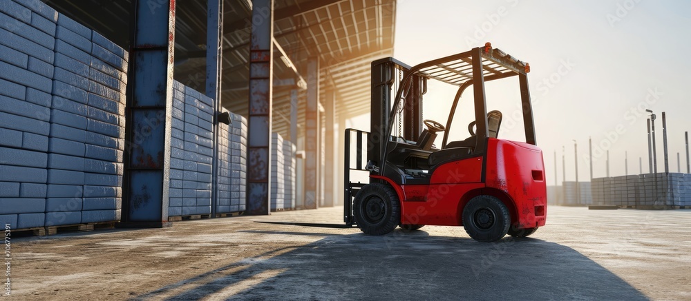 Poster red empty forklift parked outdoors cargo delivery and distribution production warehouse. with copy s
