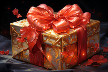 A beautifully rendered oil painting featuring an intricately wrapped gift adorned with a vibrant, satin bow, capturing the play of light and shadow on the glossy surfaces.
