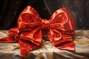 An oil painting showcasing a perfectly tied bow on a flawlessly wrapped gift, the brushstrokes capturing the glossy sheen of the ribbon and the richness of the surrounding colors.