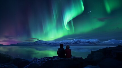 A silhouette of young adventurous couple watching the northern lights also known as aurora borealis