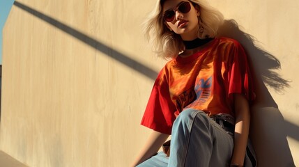 Fashionable confident blonde woman wearing trendy orange sweatshirt, color sunglasses, posing on white background. Copy, empty space for text - obrazy, fototapety, plakaty