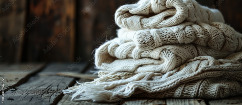 Poster Stack of white cozy knitted sweaters on a wooden table. with copy space image. Place for adding text or design