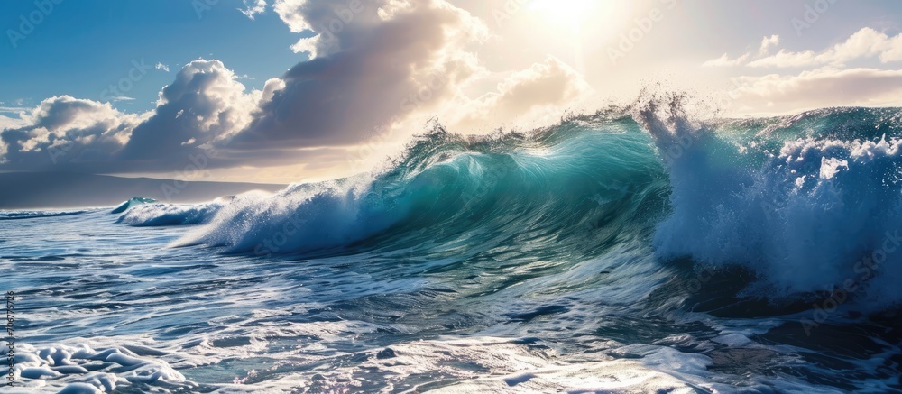 Poster ocean view seascape landscape Big surfing ocean wave splitted by waterline with slightly cloudy sky and the sun. with copy space image. Place for adding text or design