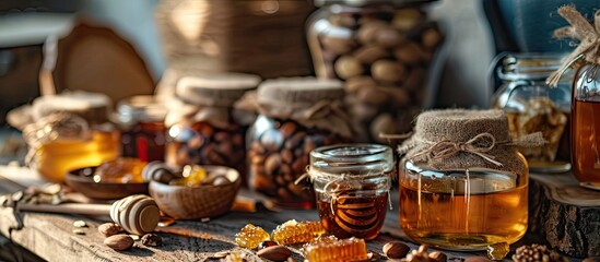 Small jars with honey and nuts Trade in natural farm products in the market Close up. with copy space image. Place for adding text or design