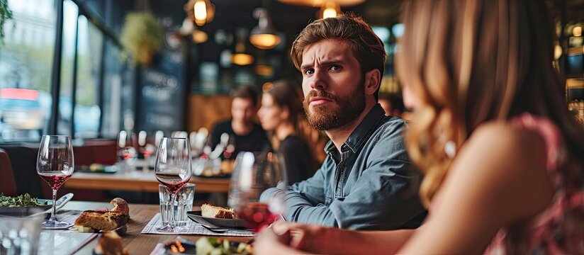 They have nothing more to say Frustrated young man looking away while sitting together with his girlfriend in restaurant. with copy space image. Place for adding text or design