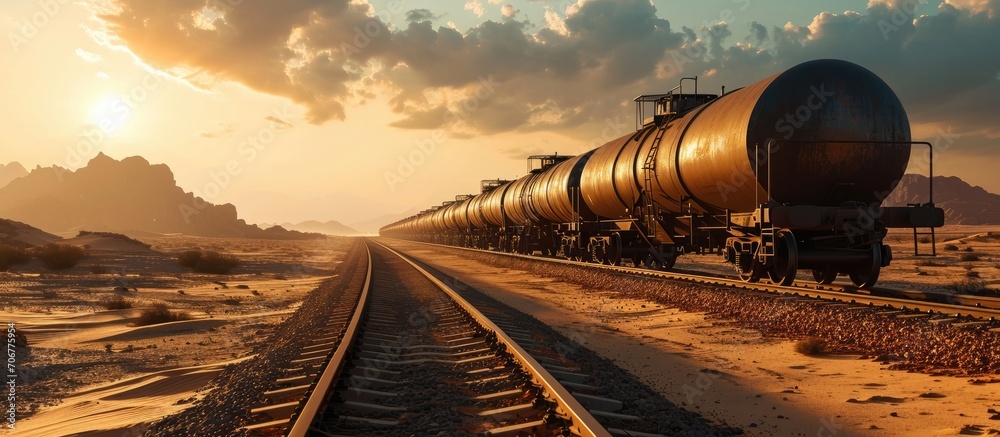 Poster railway freight train with tank cars moving through the semi desert. with copy space image. place fo