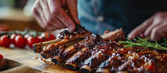 People Eat Food Man Eating Barbecue Ribs In Grill Bar Closeup Male Eating Spareribs In Steak House High Resolution. with copy space image. Place for adding text or design