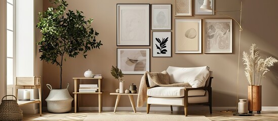 Trendy creme colored armchair in Scandinavian living room interior with gallery of posters on beige wall. with copy space image. Place for adding text or design