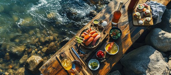 Sushi brunch with apple cider by the river in Old Manali. with copy space image. Place for adding text or design