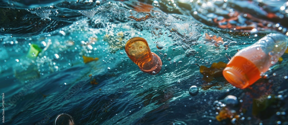 Poster Plastic ocean underwater pollution environmental problem. with copy space image. Place for adding text or design