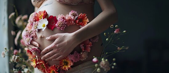 Pregnant woman wearing flowers in heart shape on belly close up. with copy space image. Place for adding text or design