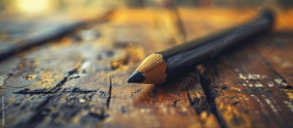 Leinwandbilder Paper sheet with a pencil on wooden table Pencil on table the blogger instrument. with copy space image. Place for adding text or design