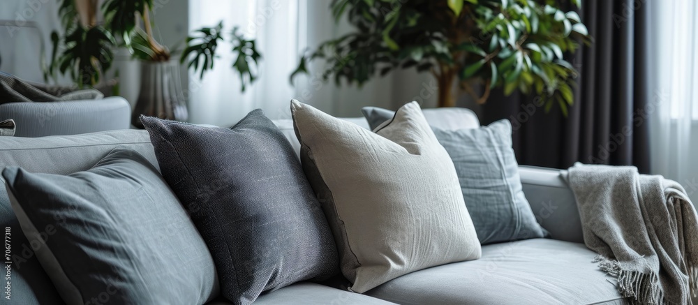 Aufkleber trendy knot light grey pillow on comfortable scandinavian couch. with copy space image. place for ad