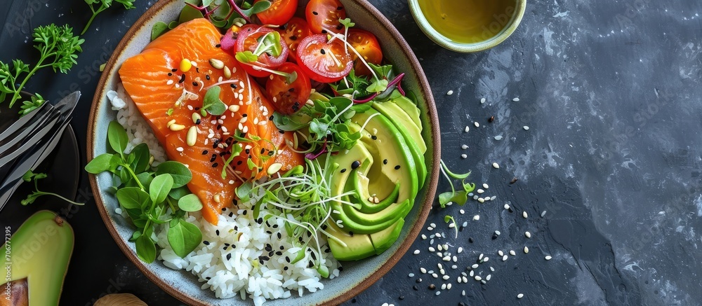 Aufkleber salmon avocado bowl with broccoli green peas rice and fresh salad healthy food top view. with copy s