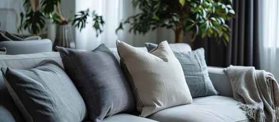 Trendy knot light grey pillow on comfortable scandinavian couch. with copy space image. Place for adding text or design