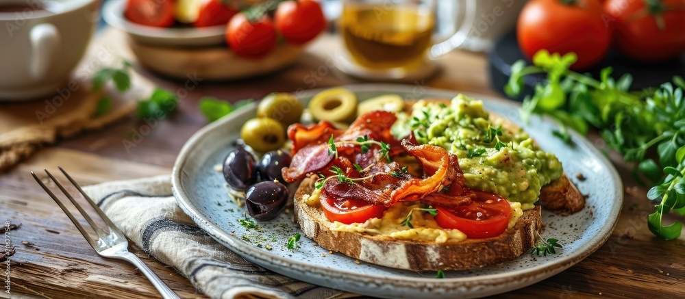 Aufkleber Scramble on toast with bacon guacamole and olives Healthy and tasty breakfast on a plate. with copy space image. Place for adding text or design