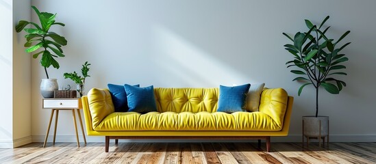 Plant on cabinet next to yellow sofa with blue pillow in spacious workspace with white chair at desk. with copy space image. Place for adding text or design