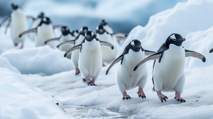 Group of penguins waddling on a snowy shore