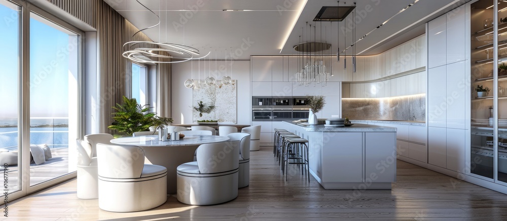 Poster new flat with round table white chairs and open kitchen. with copy space image. place for adding tex