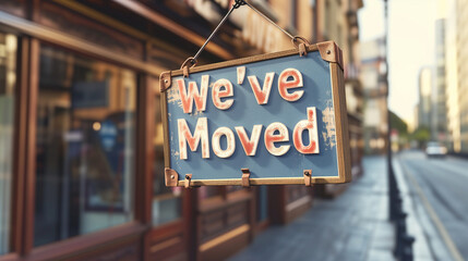 "We've Moved" sign on a storefront, detailed view of the sign, weve moved
