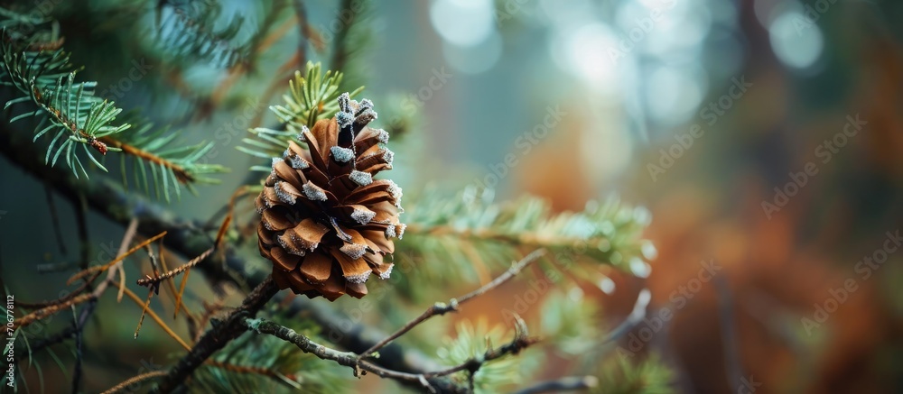 Aufkleber Spring pine cone on a stick with blurry shallow depth of field. with copy space image. Place for adding text or design