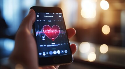 Closeup of a cellphone displaying an app for remote cardiac monitoring, with heart rate and oxygen levels shown. - obrazy, fototapety, plakaty