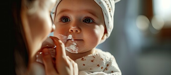 The pediatric dermatologist is applying allergy cream to the baby s cheek Kid aged about two years one year eleven months. with copy space image. Place for adding text or design