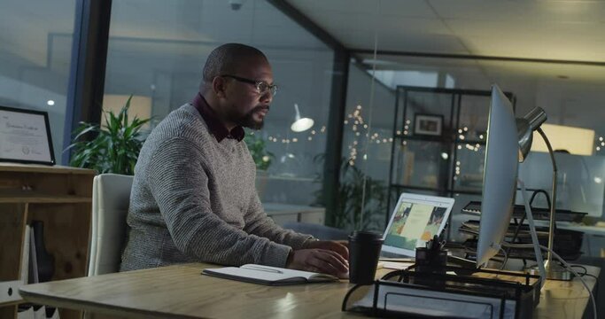 Business, black man and timelapse at desk in office on phone call, drink coffee or writing notes. Computer, creative professional and editor working fast on deadline or stretching at night in startup
