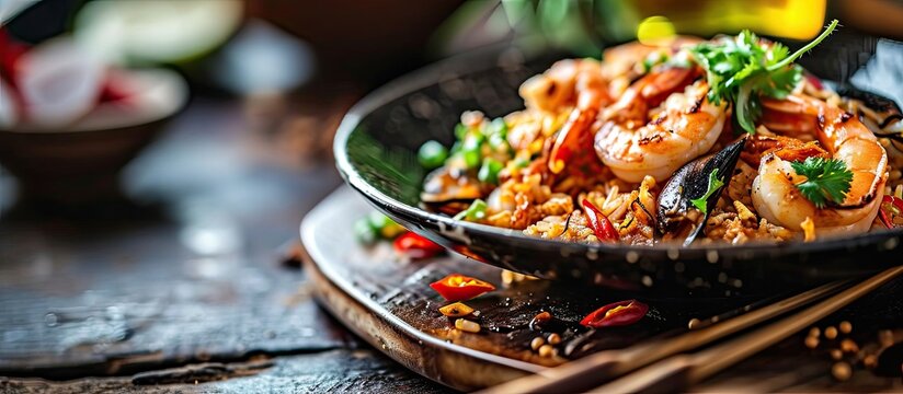 Seafood Tom Yum Fried Rice Stir fried rice with shrimp and squid with chilli sauce on white plate. with copy space image. Place for adding text or design