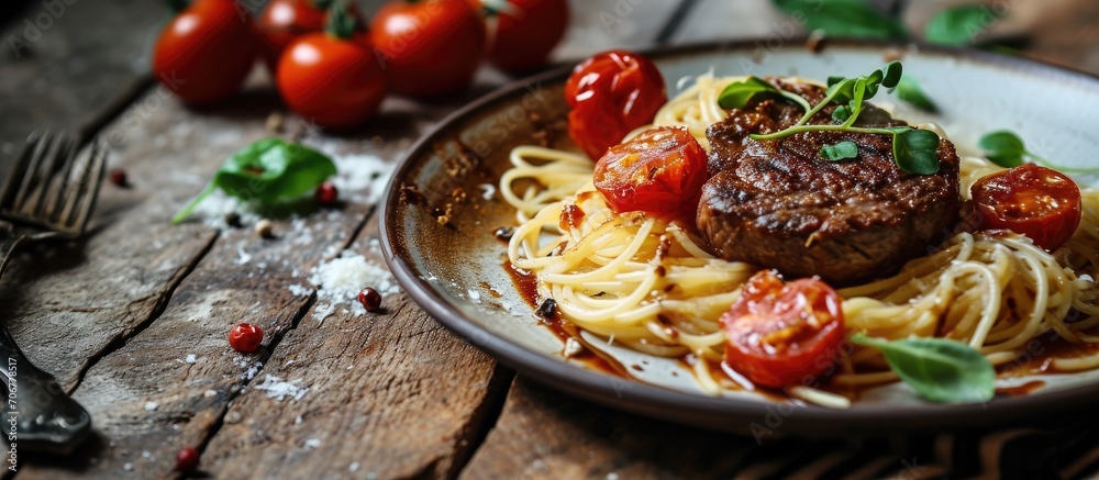 Poster roasts to the wood sauce with pasta file mignon steak. with copy space image. place for adding text 