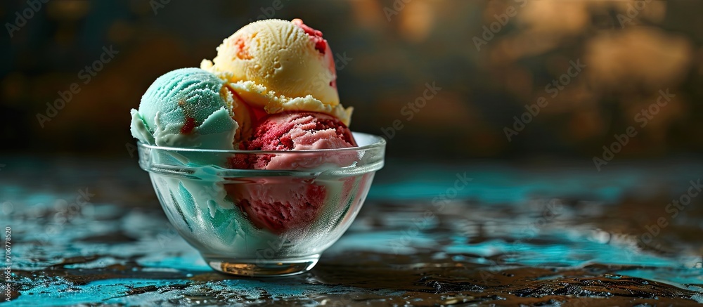 Poster neapolitan ice cream glass bowl with ice cream in strawberry vanilla and chocolate flavors. with cop