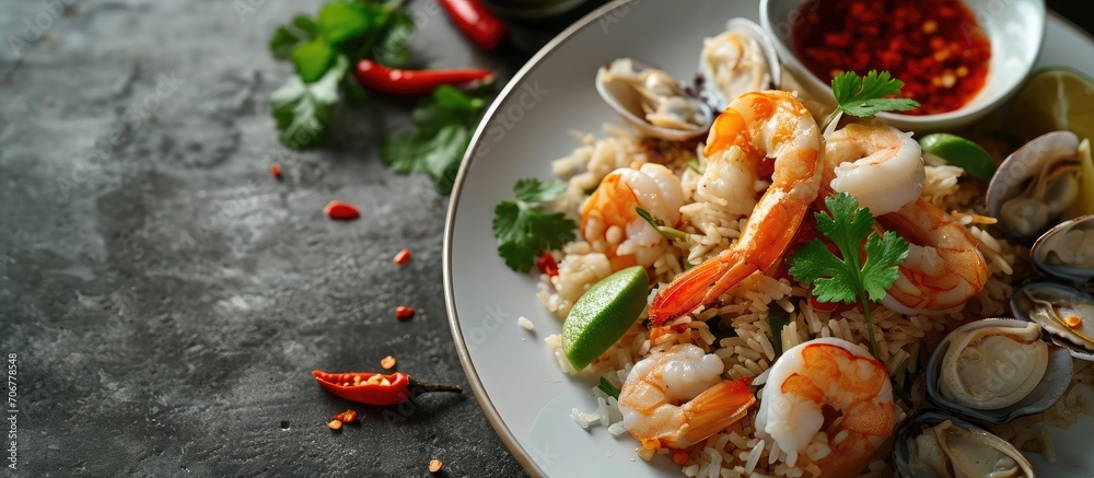 Poster Seafood Tom Yum Fried Rice Stir fried rice with shrimp and squid with chilli sauce on white plate. with copy space image. Place for adding text or design