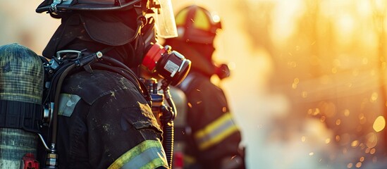 Fototapeta premium Professional firefighter assists his partner in securely fastening and adjusting the oxygen tank ensuring proper fit and functionality for respiratory support in hazardous environments