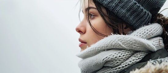 side view of young woman in winter clothes isolated on white background. with copy space image. Place for adding text or design - obrazy, fototapety, plakaty