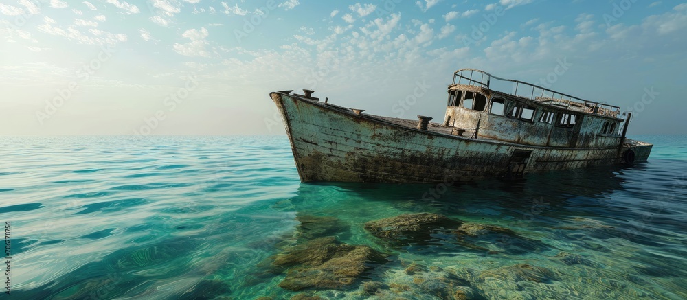 Poster SUDAN Red Sea U W photo wreck the stern of the sunken ship. with copy space image. Place for adding text or design