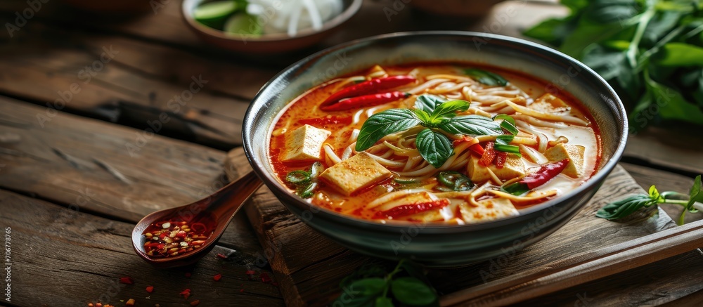 Poster Pho soup with tofu in a bowl The image is fully sharp front to back Clipping path. with copy space image. Place for adding text or design