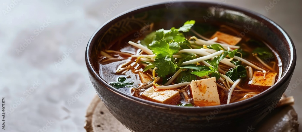 Fototapete Pho soup with tofu in a bowl The image is fully sharp front to back Clipping path. with copy space image. Place for adding text or design