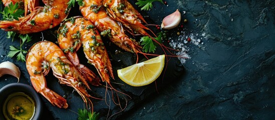 Prawns Shrimps roasted and served on stone slate with lemon garlic and green sauce. with copy space image. Place for adding text or design