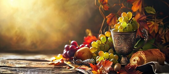Sacred wine chalice with grapes and holy bread. with copy space image. Place for adding text or...