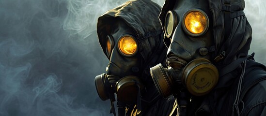 Two man wearing gas masks after nuclear disaster. with copy space image. Place for adding text or design - obrazy, fototapety, plakaty