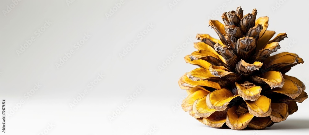 Poster Pine cone on conifer leaves dry yellow needles isolated on white. with copy space image. Place for adding text or design