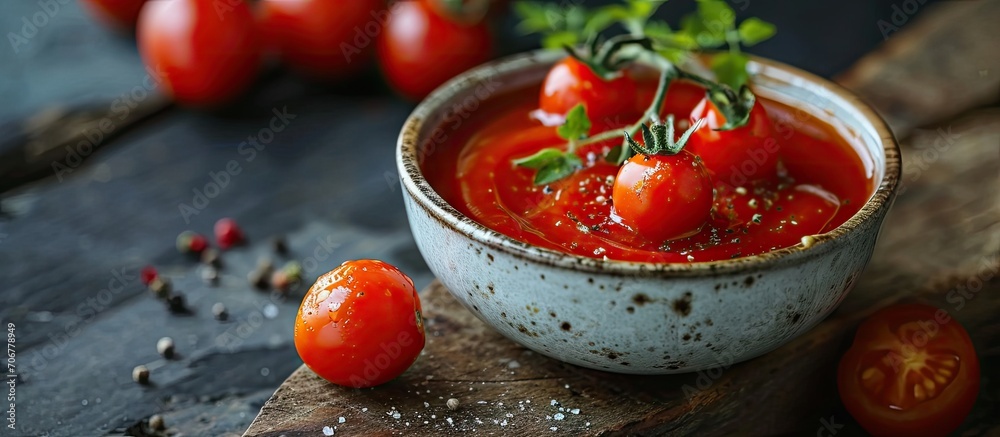 Poster tomato ketchup sauce in a bowl with spices herbs and cherry tomatoes selective focus. with copy spac