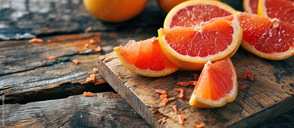 Poster slices of red juicy grapefruit on the wooden board grapefruit skin. with copy space image. place for