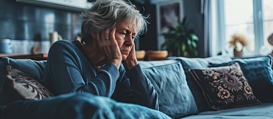 Senior Woman Sitting On Sofa At Home Suffering From Depression. with copy space image. Place for adding text or design