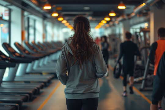Imange taken from behind a girl walking through the gym with copy space. Generative AI